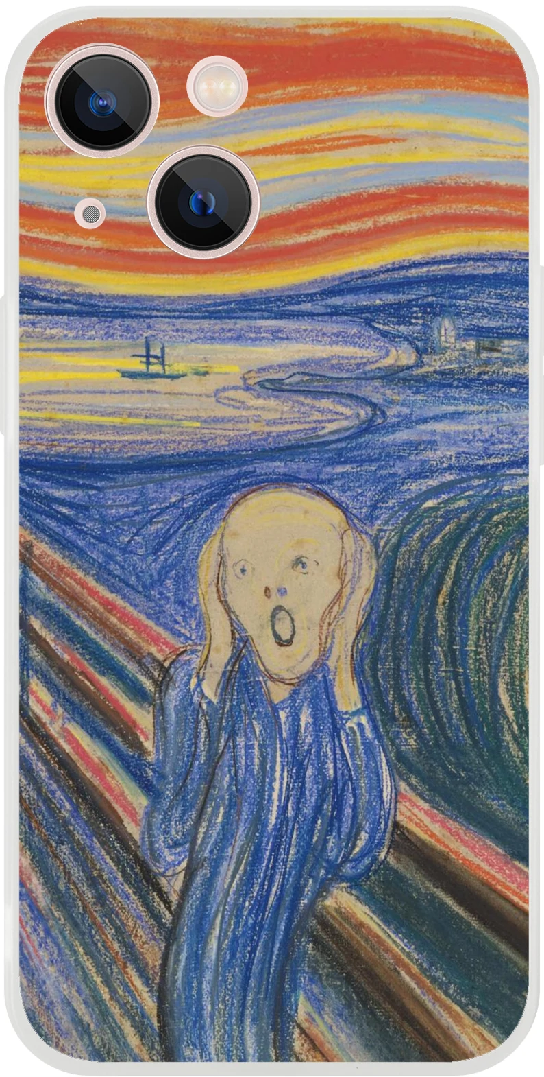 Edvard Munch, ‘The Scream’ (1895, pastel) — frosted Flexi TPU iPhone case with bold graphic lines and saturated sky.