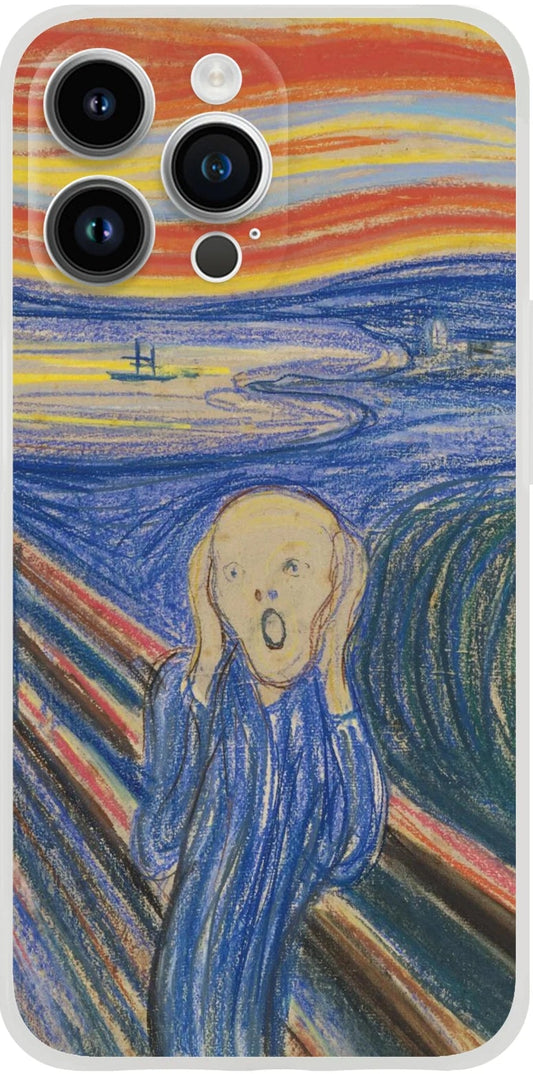 Edvard Munch, ‘The Scream’ (1895, pastel) — frosted Flexi TPU iPhone case with bold graphic lines and saturated sky.