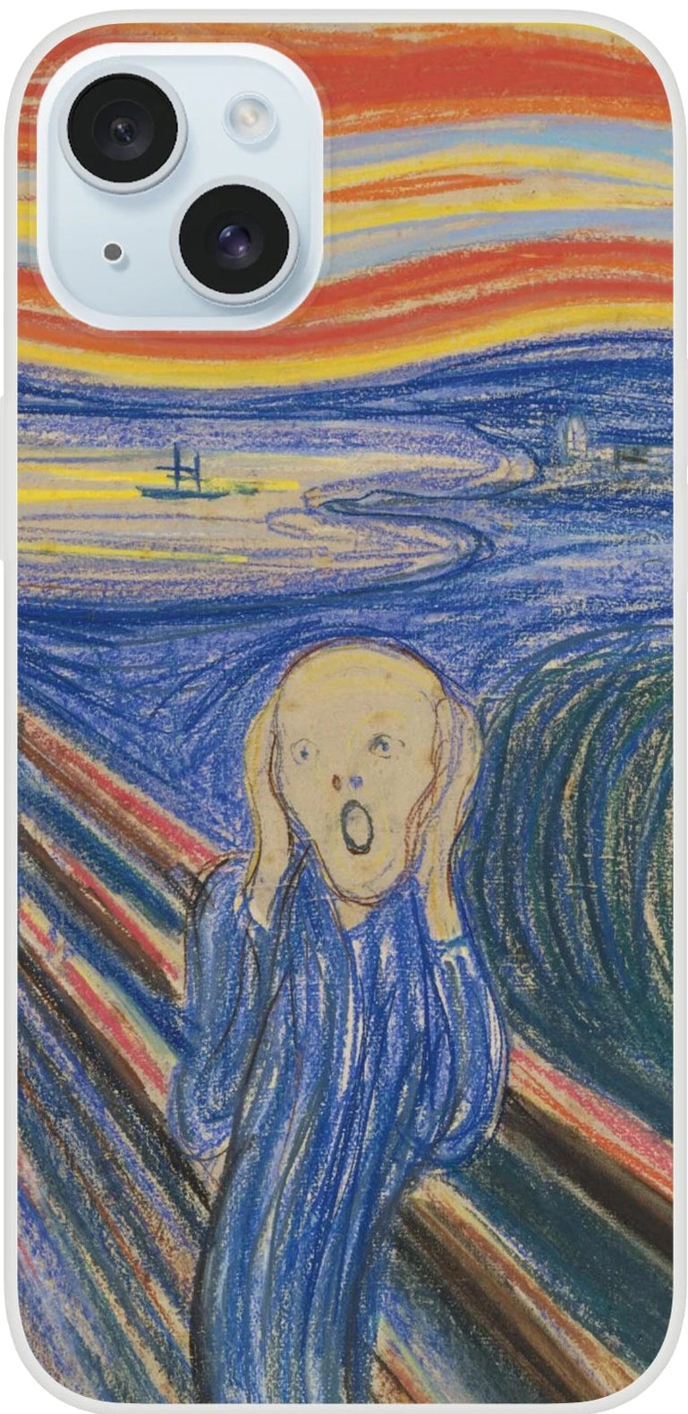 Edvard Munch, ‘The Scream’ (1895, pastel) — frosted Flexi TPU iPhone case with bold graphic lines and saturated sky.