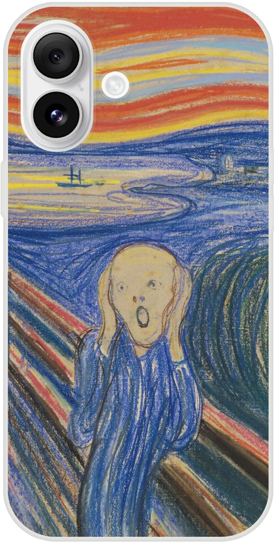 Edvard Munch, ‘The Scream’ (1895, pastel) — frosted Flexi TPU iPhone case with bold graphic lines and saturated sky.
