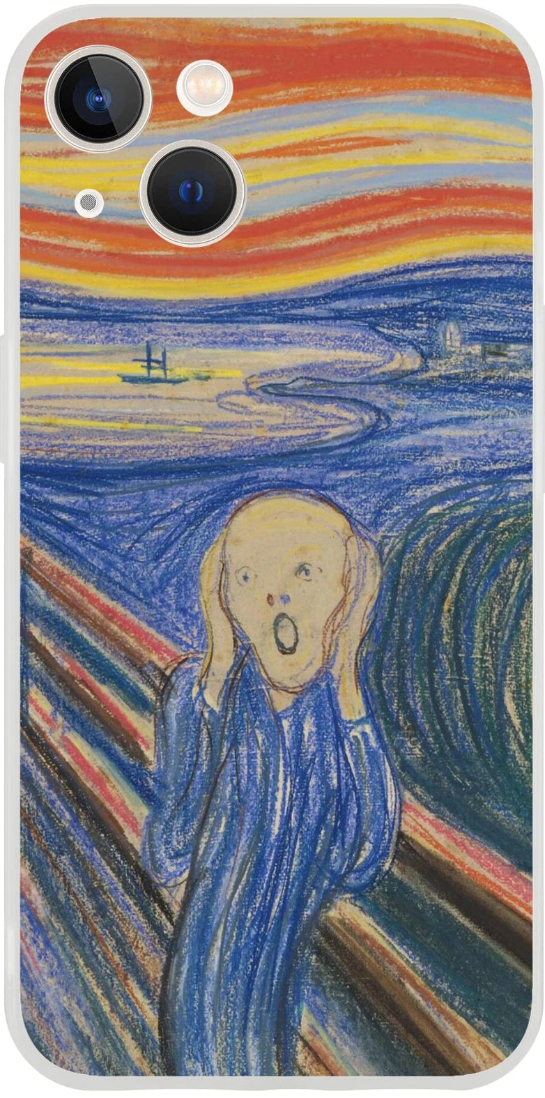 Edvard Munch, ‘The Scream’ (1895, pastel) — frosted Flexi TPU iPhone case with bold graphic lines and saturated sky.