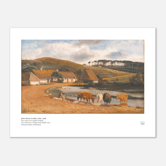 J.T. Lundbye, ‘Cows Watered at a Village Pond, Brofelde’ (1844) — Danish Golden Age nature poster with cows at a village pond in soft daylight.