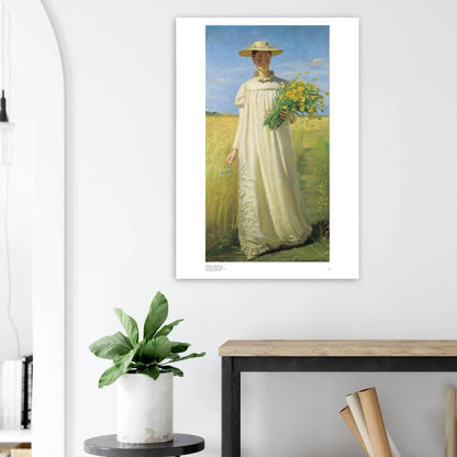 Michael Peter Ancher, ‘Anna Ancher Returning from the Field’ — Danish poster with Skagen light, warm earth tones, and poised figure walking home on wall.