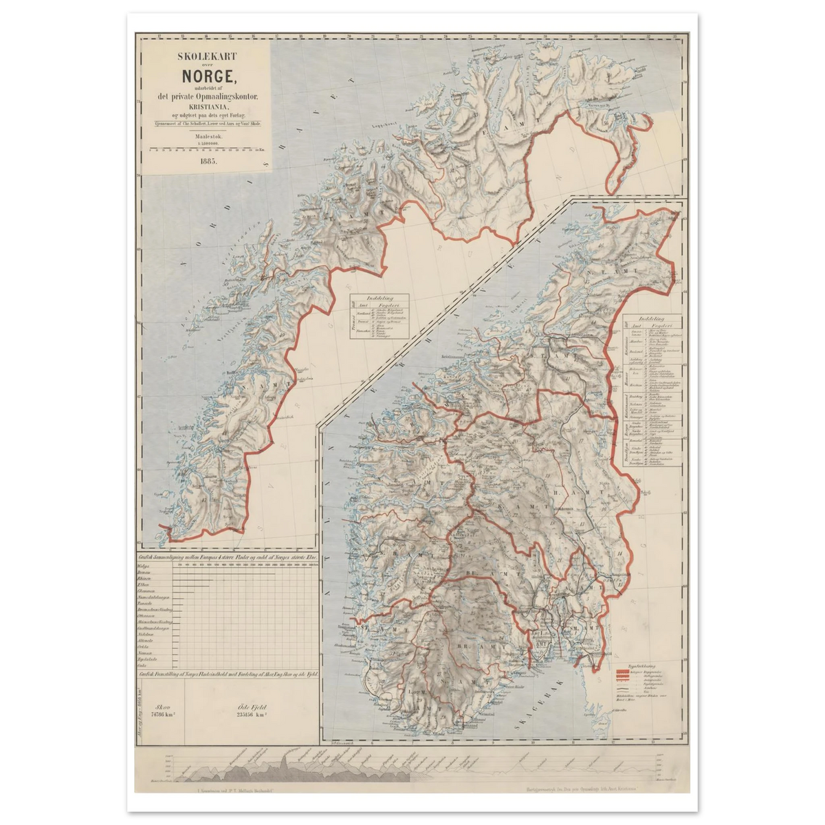 Skolekart over Norge, a historical school map of Norway by H. Schjøth and Ludvig Salicath, 1885.