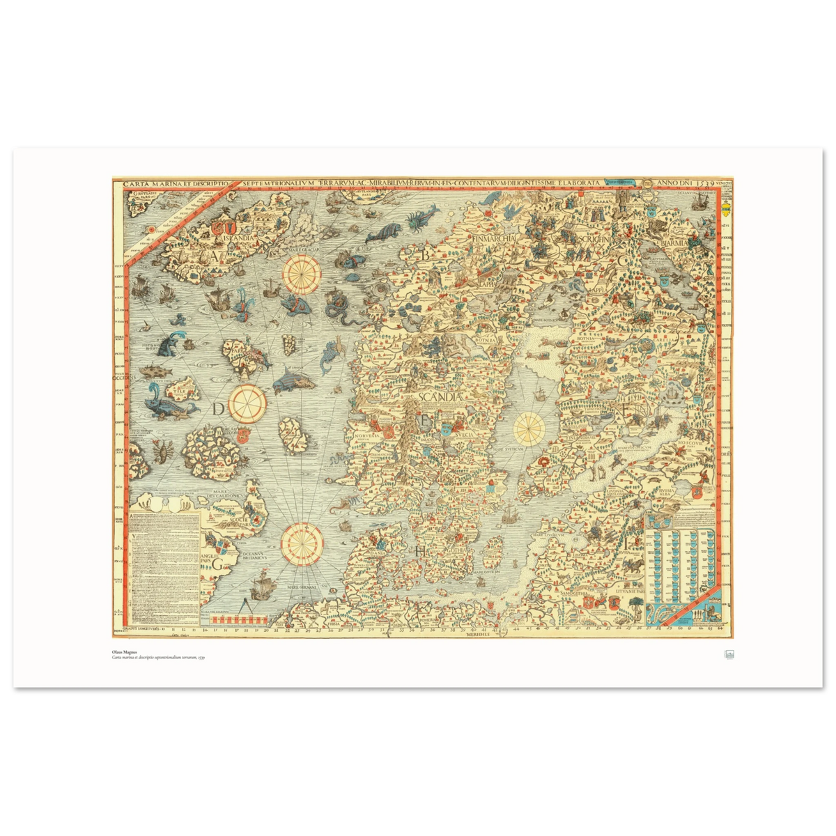 Olaus Magnus map with ships, whales and sea creatures in Nordic waters