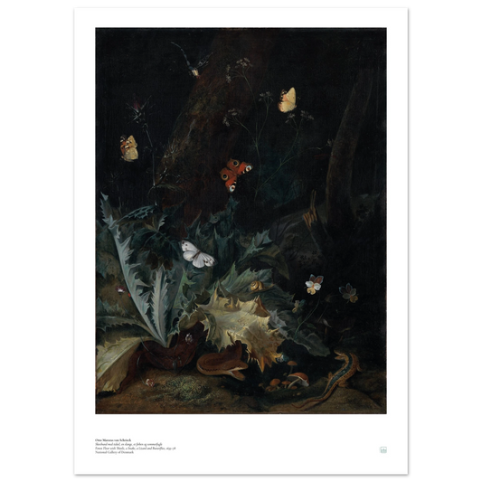A dramatic forest-floor still life—thistle, snake, lizard, butterflies—by Otto Marseus van Schrieck.
Rich chiaroscuro, exquisite detail, and natural history charm—printed locally to reduce waste.
Danish title: Skovbund med tidsel, en slange, et firben og sommerfugle
Main description (SEO + GEO–optimized, posters only):
Step into the dark, shimmering world of 17th-century sottobosco still life with Otto Marseus van Schrieck. His close-up view of the forest floor—spiky thistle, coiled snake, alert lizard, and