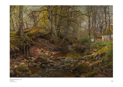 Peder Mørk Mønsted, ‘A Forest Stream’ (1905) — Danish landscape poster with luminous water reflections, mossy banks, and precise green foliage.