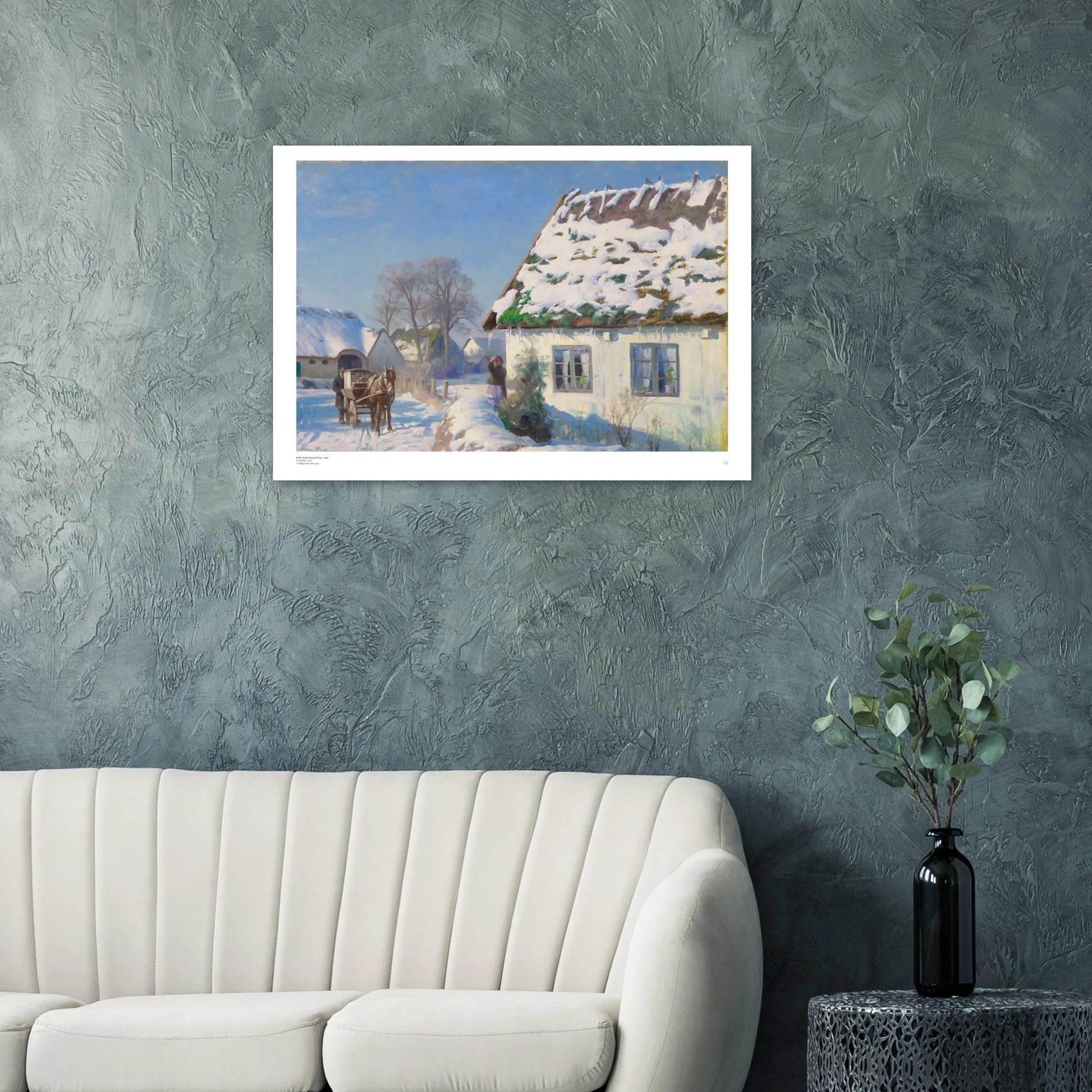 Peder Mørk Mønsted, ‘A Village in the Snow’ (1929) — Danish winter landscape poster with snowy village, thatched cottages, and crisp Nordic light on wall.