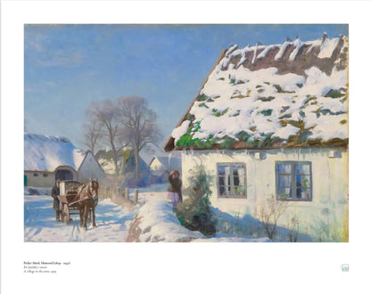 Peder Mørk Mønsted, ‘A Village in the Snow’ (1929) — Danish winter landscape poster with snowy village, thatched cottages, and crisp Nordic light.