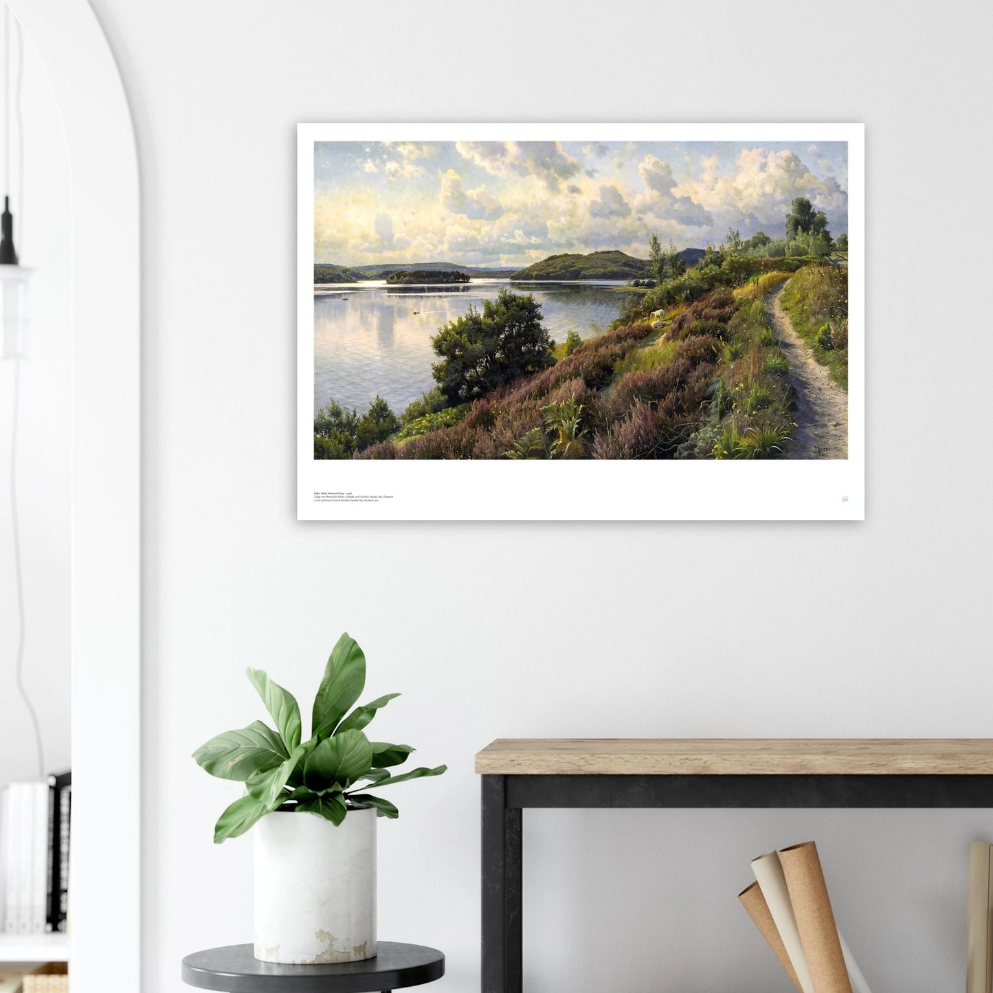 Peder Mørk Mønsted, ‘Borresø View’ (1912) — Danish landscape poster with mirror-calm lake reflections, sunlit foliage, and luminous realism on wall.