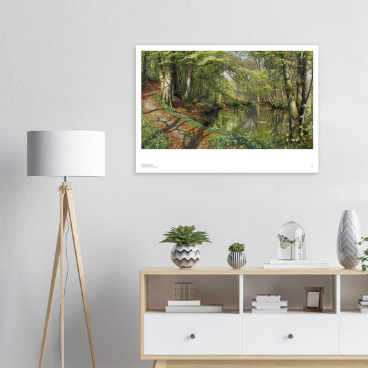 Peder Mørk Mønsted Parti fra Sæby Å Danish art print poster shown framed on a wall in a Scandinavian interior