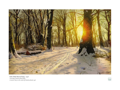 Peder Mørk Mønsted, ‘Winter Day, Charlottenlund Forest’ — Danish winter landscape poster with soft snow, blue-grey light, and quiet trees.