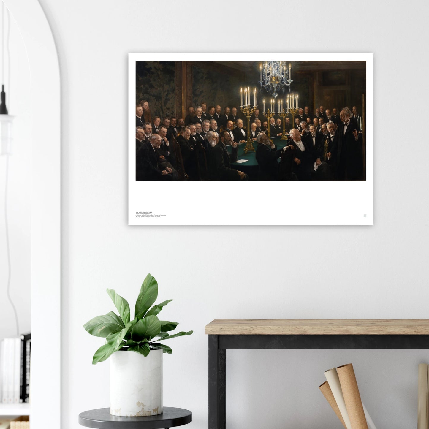 P.S. Krøyer, ‘A Meeting in the Royal Danish Academy of Sciences and Letters’ (1897) — Danish poster with scholarly gathering, warm interior light, and balanced composition on wall.