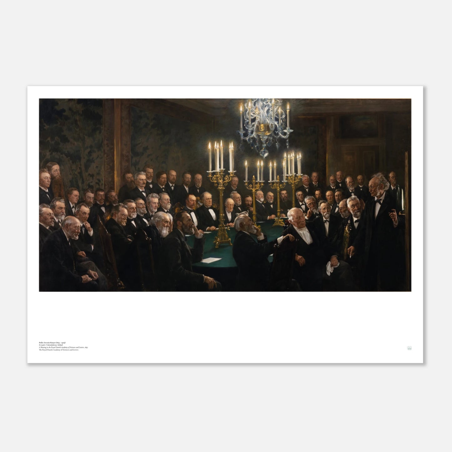 P.S. Krøyer, ‘A Meeting in the Royal Danish Academy of Sciences and Letters’ (1897) — Danish poster with scholarly gathering, warm interior light, and balanced composition.