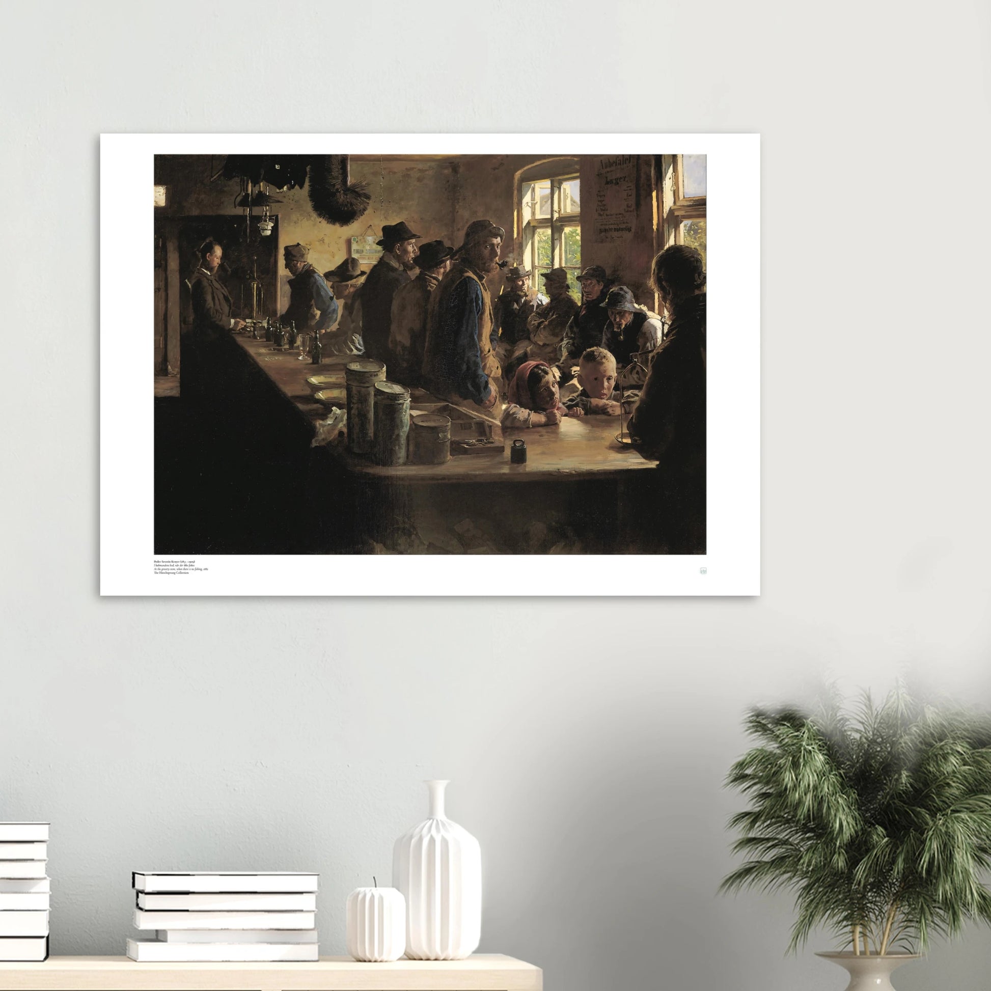 P.S. Krøyer, ‘At the Grocer’s’ (1882) — Danish genre poster with warm shop interior, stacked goods, and quiet conversation on wall.