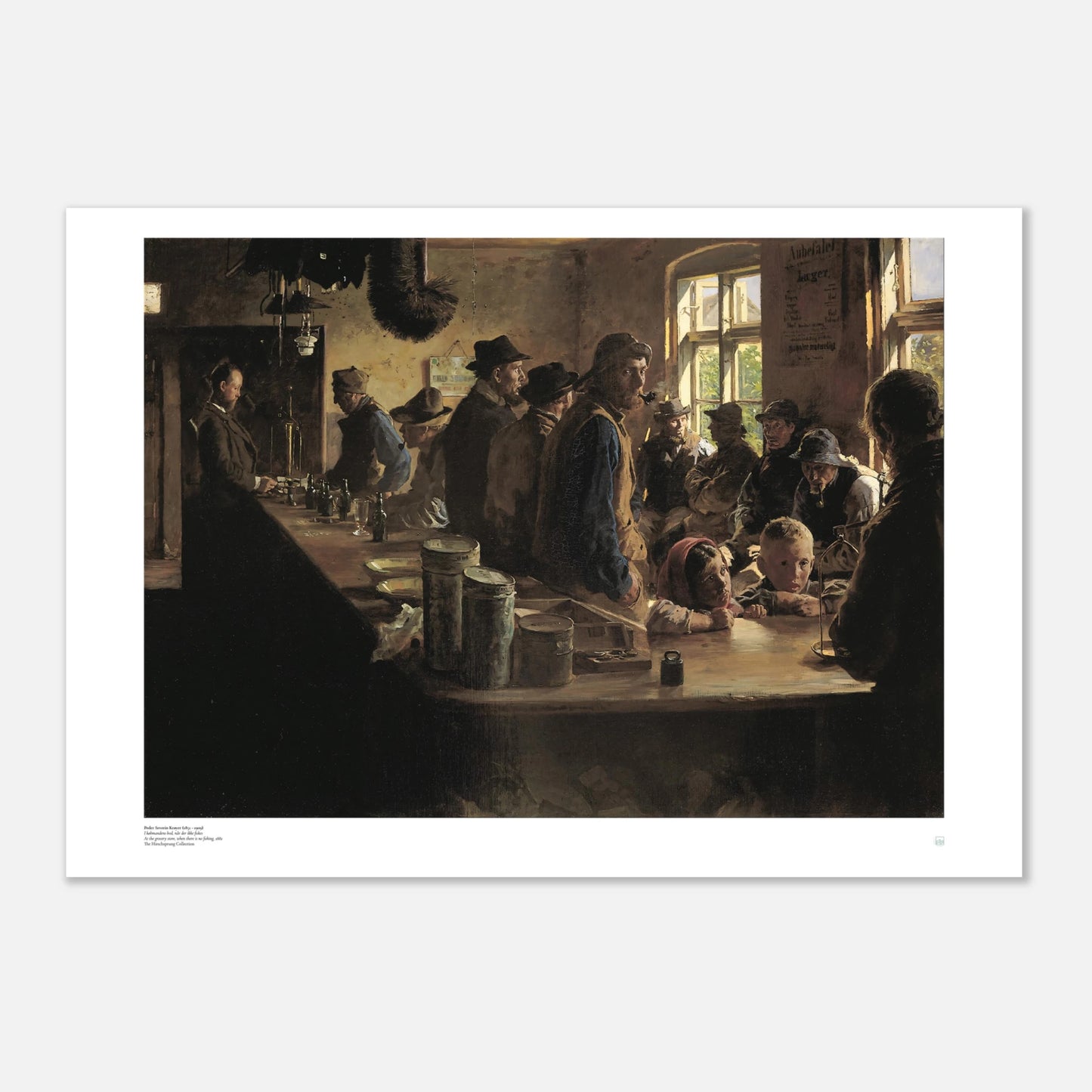 P.S. Krøyer, ‘At the Grocer’s’ (1882) — Danish genre poster with warm shop interior, stacked goods, and quiet conversation.