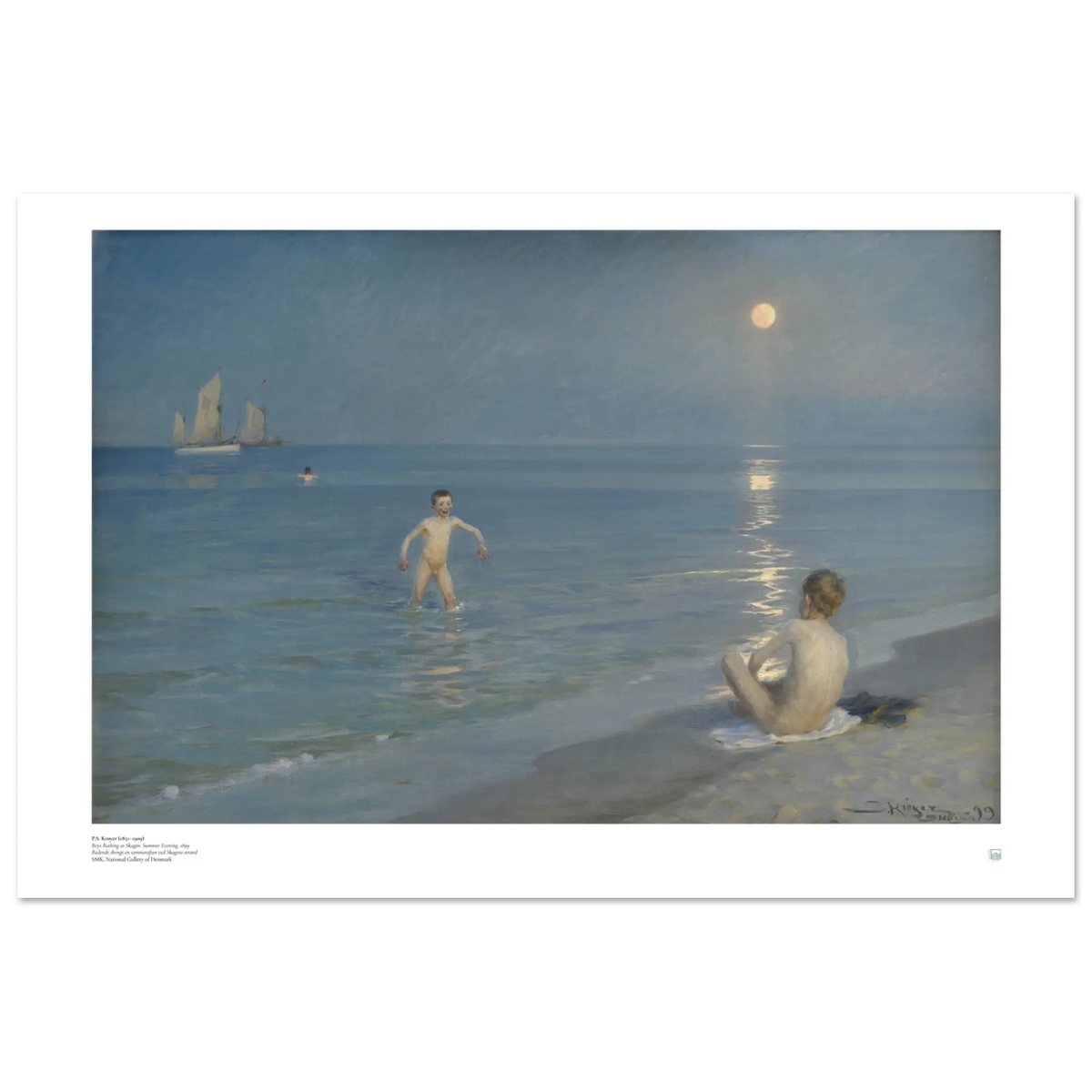 Dansk kystplakat med badende drenge ved Skagen