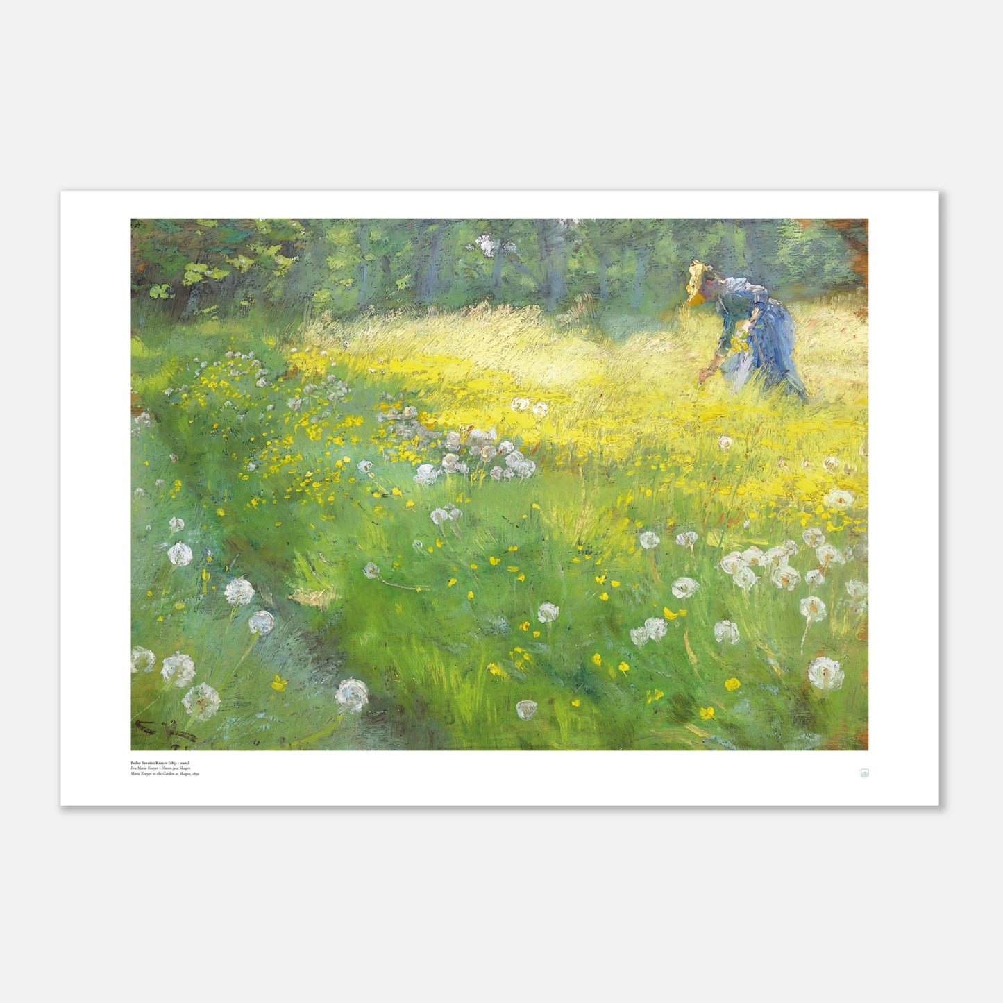 Silvery Skagen light, a garden in bloom, and poised stillness—P.S. Krøyer, 1892.
A refined Danish portrait poster in calm neutrals—printed locally to reduce waste.
Danish title: Fru Marie Krøyer i Haven paa Skagen
Main description (SEO + GEO–optimized, posters only):
In Marie Krøyer in the Garden at Skagen (1892), P.S. Krøyer captures a moment of radiant stillness: soft daylight plays across white fabric and foliage while Marie Krøyer stands elegantly among flowers. The cool Skagen palette—powder blues, sof