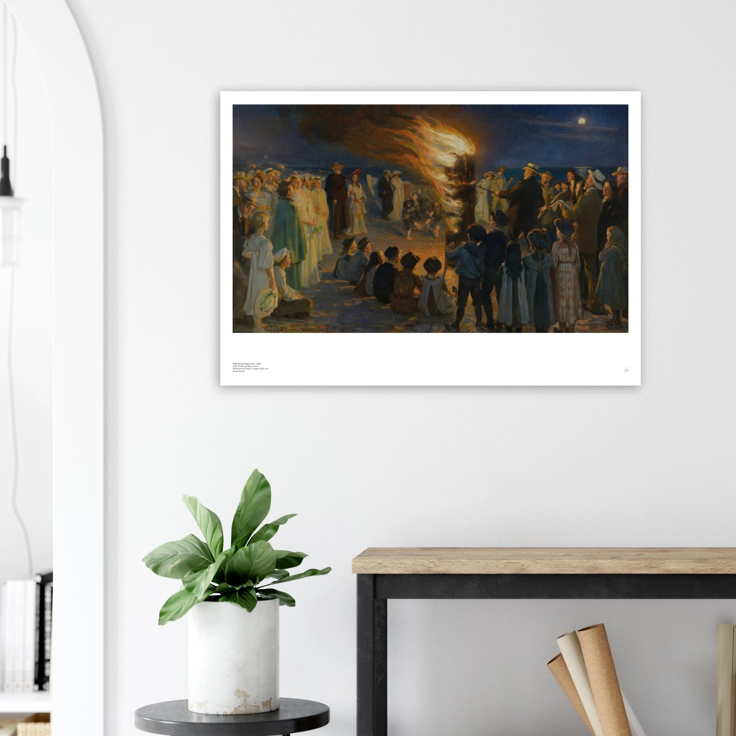 P.S. Krøyer, ‘Midsummer Eve Bonfire on Skagen’s Beach’ (1906) — Danish coastal poster with blue-hour sky, glowing bonfire, and gathering by the sea on wall.