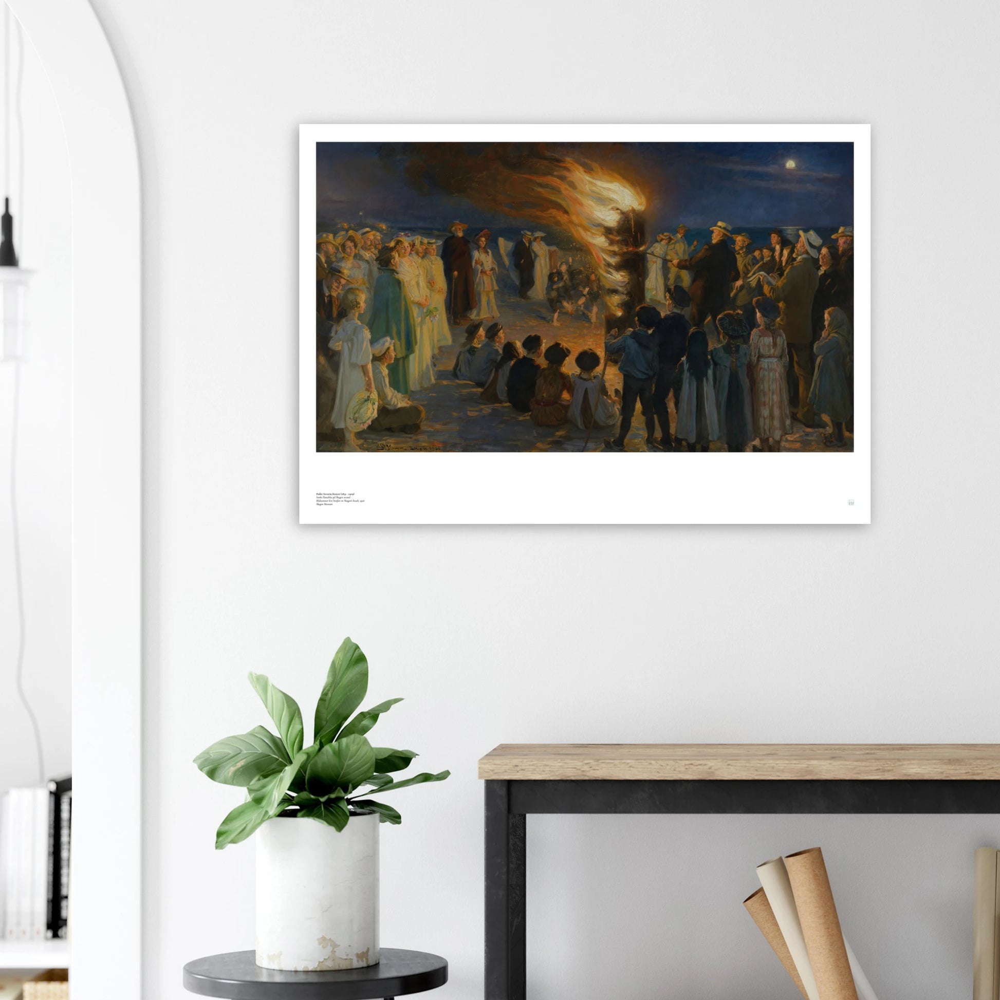 P.S. Krøyer, ‘Midsummer Eve Bonfire on Skagen’s Beach’ (1906) — Danish coastal poster with blue-hour sky, glowing bonfire, and gathering by the sea on wall.