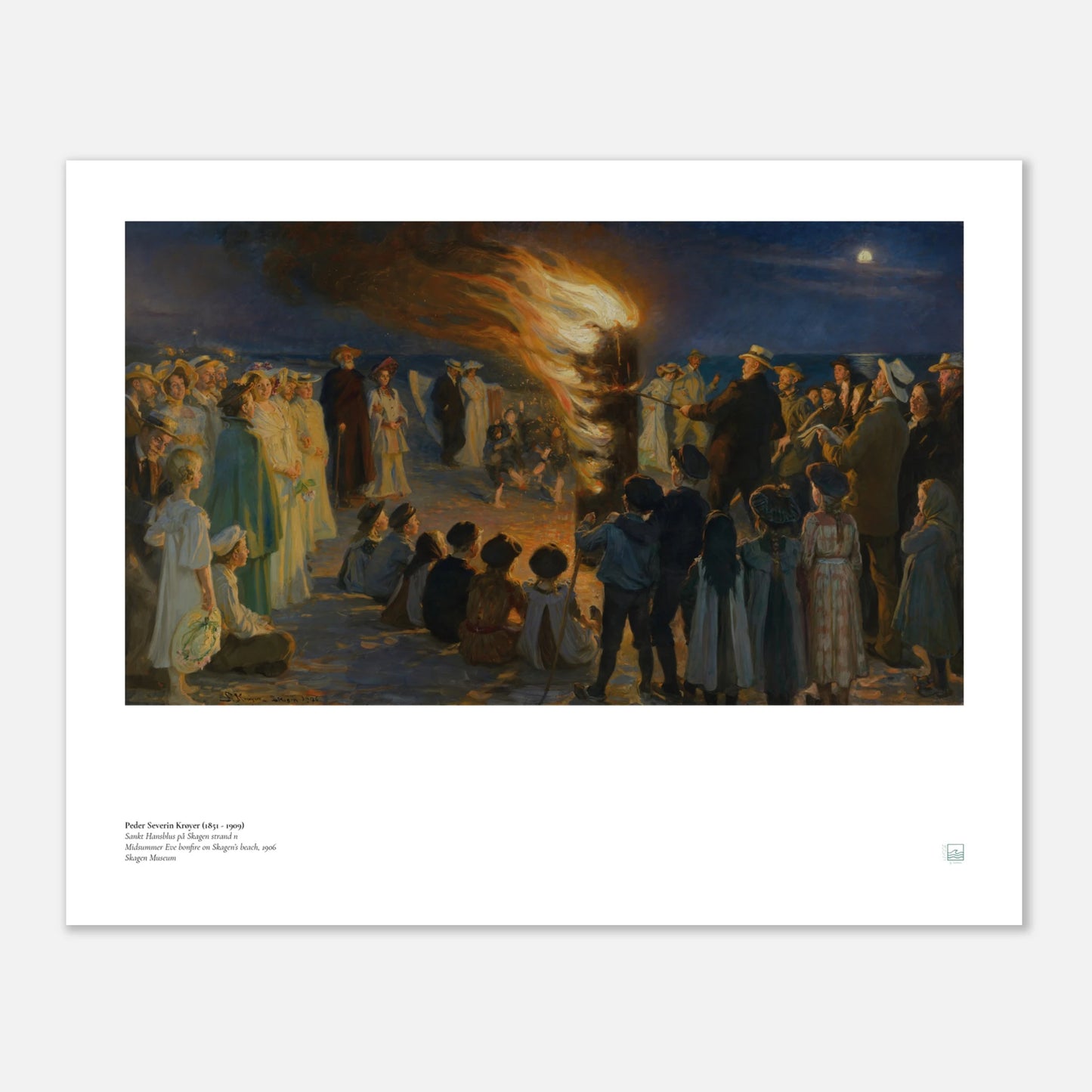 P.S. Krøyer, ‘Midsummer Eve Bonfire on Skagen’s Beach’ (1906) — Danish coastal poster with blue-hour sky, glowing bonfire, and gathering by the sea.