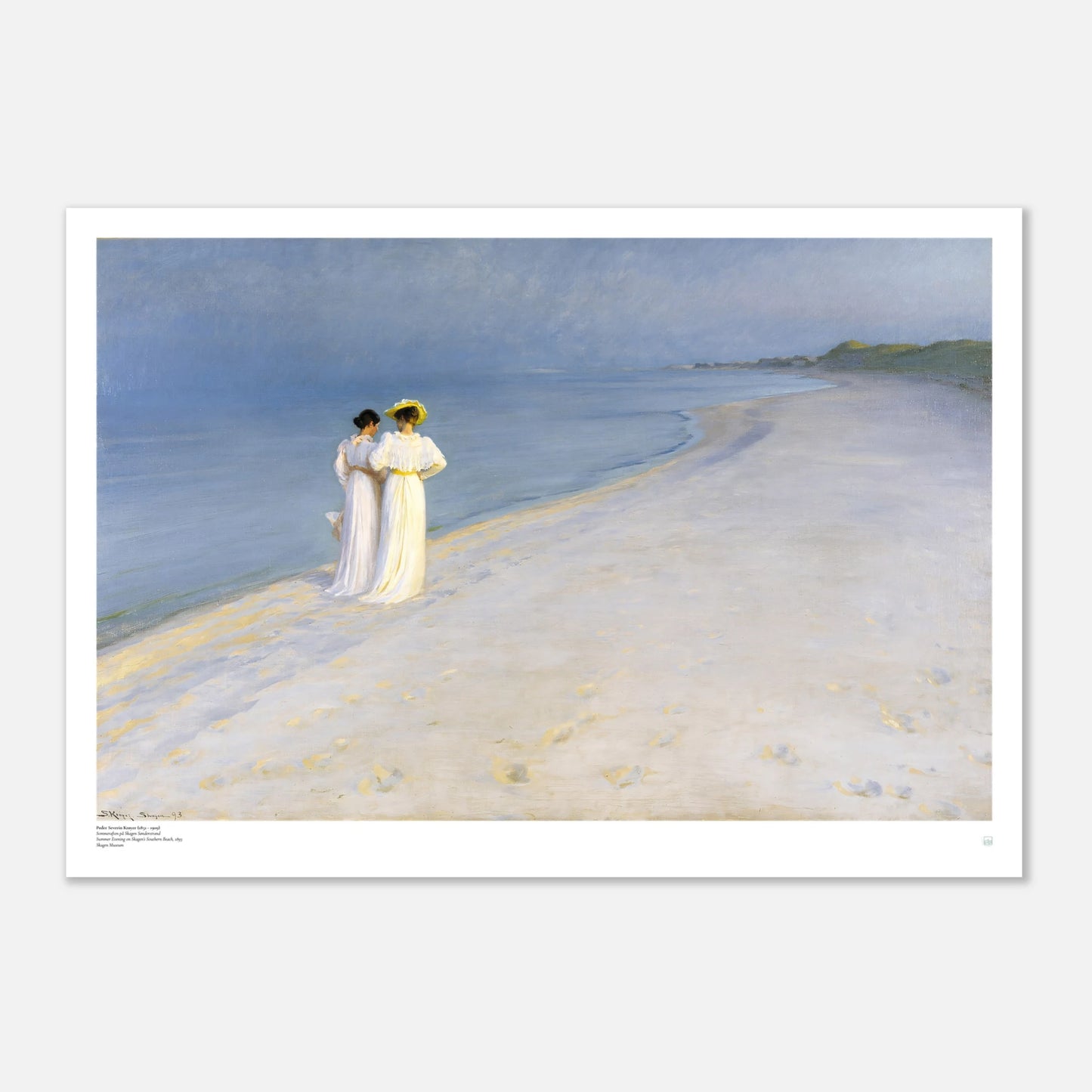 P.S. Krøyer, ‘Summer Evening on Skagen’s Beach’ (1893) — Danish coastal poster in blue-hour light with two figures walking by the sea.