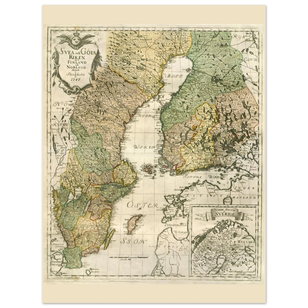 Georg Biurman’s 1747 Sweden and Finland map poster, 15 × 20 cm format, with coloured regions, ornate title cartouche and a northern inset map.