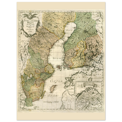 Georg Biurman’s 1747 Sweden and Finland map poster, 15 × 20 cm format, with coloured regions, ornate title cartouche and a northern inset map.