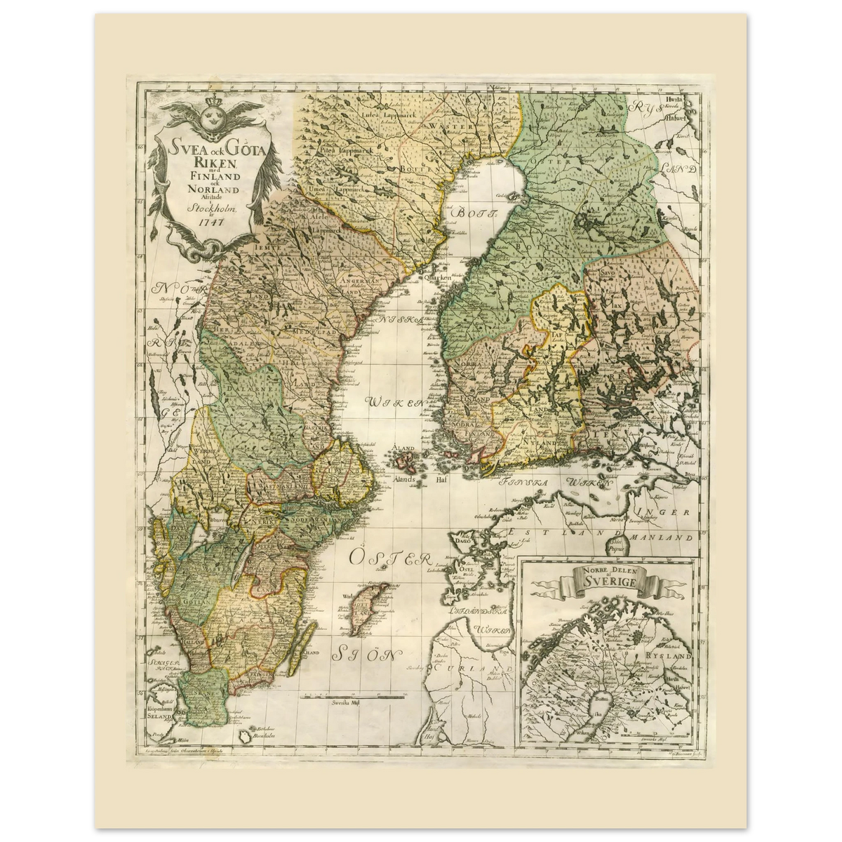 Georg Biurman’s 1747 Sweden and Finland map poster, 40 × 50 cm format, with coloured regions, ornate title cartouche and a northern inset map.