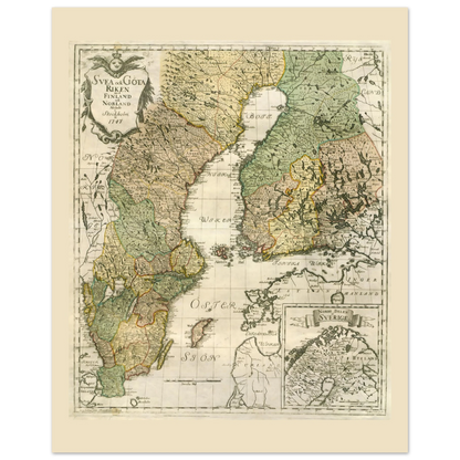 Georg Biurman’s 1747 Sweden and Finland map poster, 40 × 50 cm format, with coloured regions, ornate title cartouche and a northern inset map.