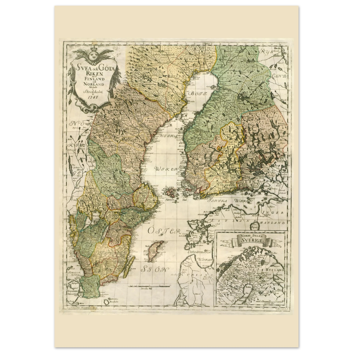 Georg Biurman’s 1747 Sweden and Finland map poster, 50 × 70 cm format, with coloured regions, ornate title cartouche and a northern inset map.