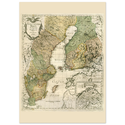 Georg Biurman’s 1747 Sweden and Finland map poster, 50 × 70 cm format, with coloured regions, ornate title cartouche and a northern inset map.