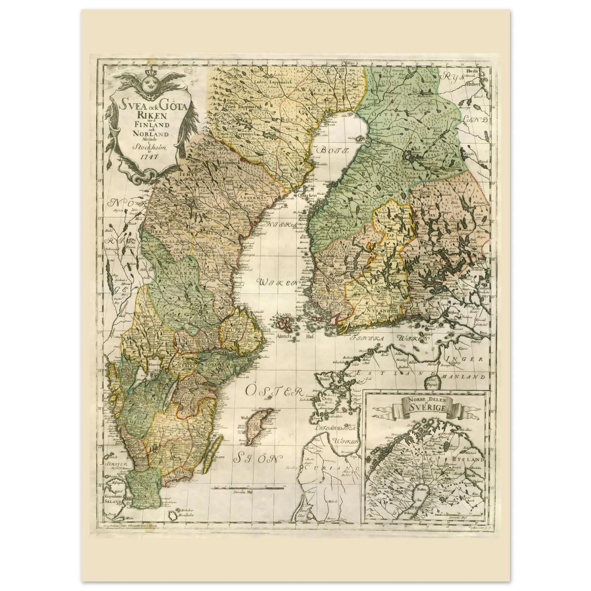 Georg Biurman’s 1747 Sweden and Finland map poster, 60 × 80 cm format, with coloured regions, ornate title cartouche and a northern inset map.