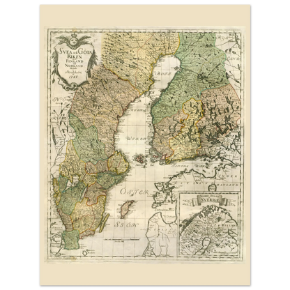 Georg Biurman’s 1747 Sweden and Finland map poster, 60 × 80 cm format, with coloured regions, ornate title cartouche and a northern inset map.