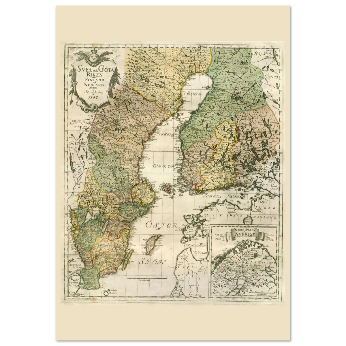 Georg Biurman’s 1747 Sweden and Finland map poster, 70 × 100 cm format, with coloured regions, ornate title cartouche and a northern inset map.