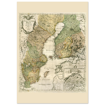 Georg Biurman’s 1747 Sweden and Finland map poster, 70 × 100 cm format, with coloured regions, ornate title cartouche and a northern inset map.