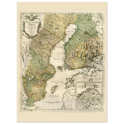 Georg Biurman’s 1747 Sweden and Finland map poster, 75 × 100 cm format, with coloured regions, ornate title cartouche and a northern inset map.