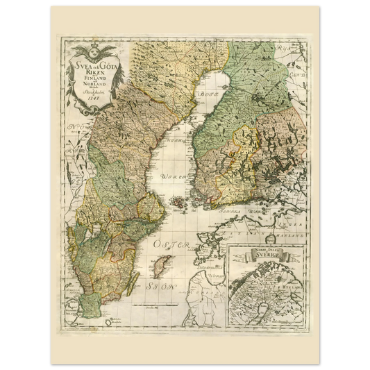 Georg Biurman’s 1747 Sweden and Finland map poster, 75 × 100 cm format, with coloured regions, ornate title cartouche and a northern inset map.