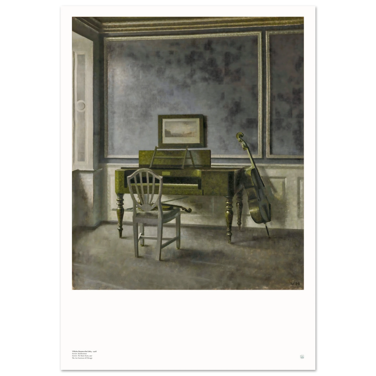 The Music Room by Vilhelm Hammershøi, showing a piano, violin and cello in a softly lit Copenhagen interior.