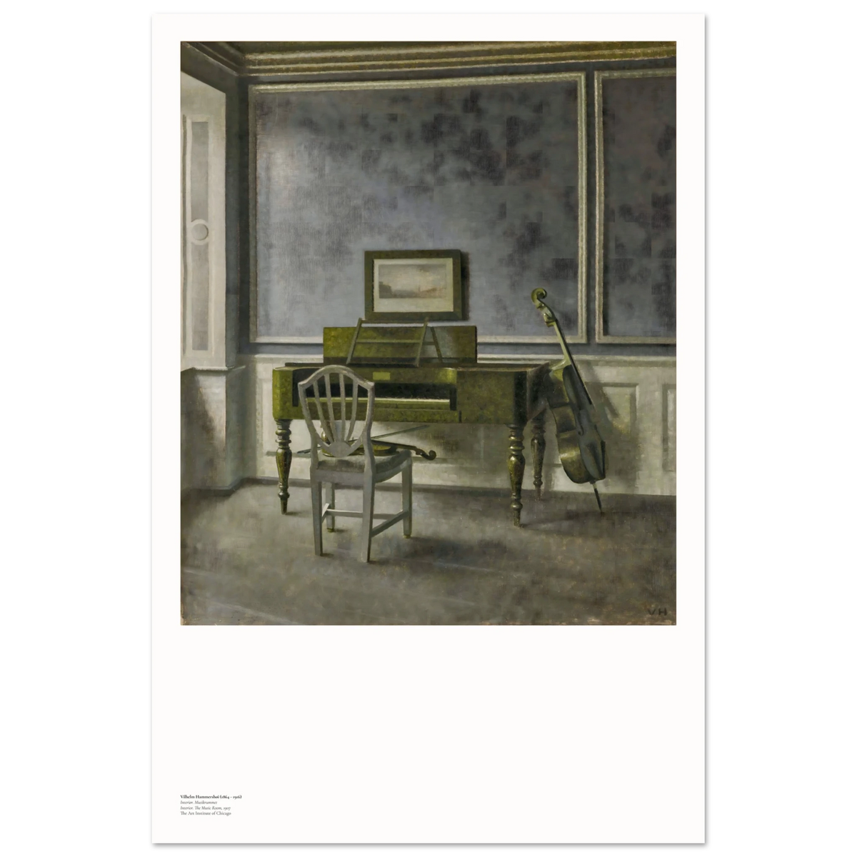 The Music Room by Vilhelm Hammershøi, showing a piano, violin and cello in a softly lit Copenhagen interior.